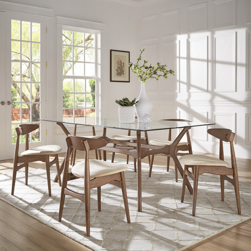 Arne Mid-Century 72" Glass Top Walnut Finish Rectangular Table Dining Set - Beige Fabric Chairs, 7-Piece