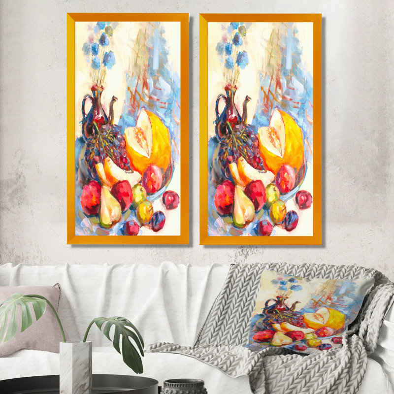 Fleurs et fruits impressionnisme VI - Ensemble de 2 peintures sur toiles, H 32 po x l 32 po x P 1 po, Cadre photo doré