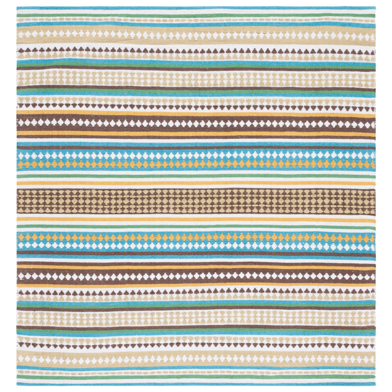 Tapis de chambre à coucher à rayures en coton fait à la main bleu clair / ivoire, Carré de 6 pi