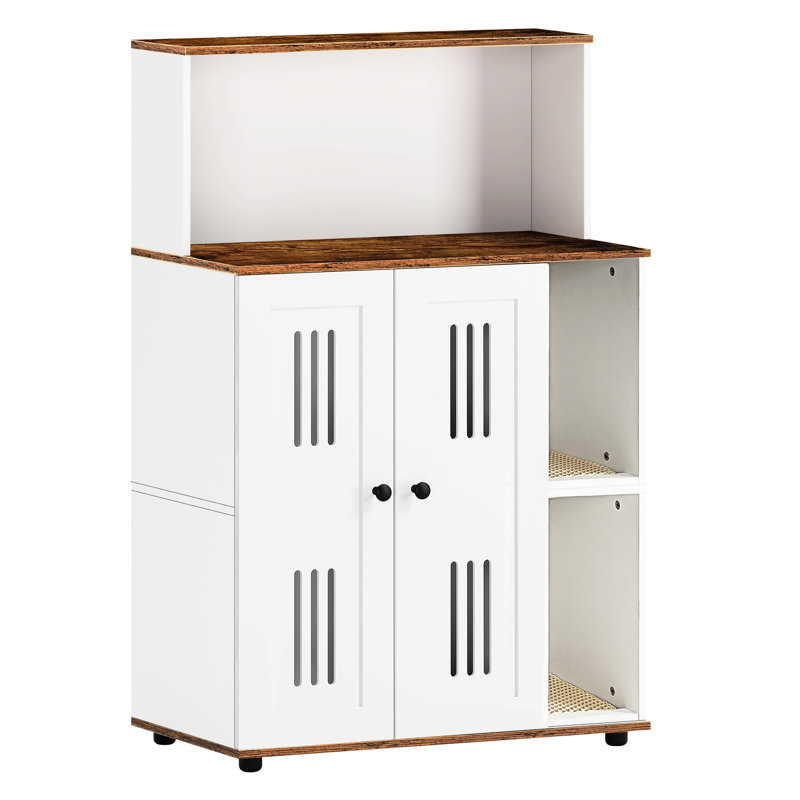 Enceinte pour litière pour 2 chats, armoire latérale multifonctionnelle, toilette cachée, deux compartiments, chambre double à panneau de particules blanc et noyer pour chats, utilisation spécifique, portes, trous d'air sur la porte, fabrication