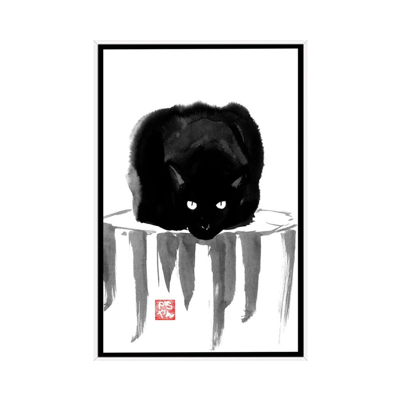Black Cat On Wood by Péchane - Print on Canvas, White Framed, 101.6 cm H x 66.04 cm W