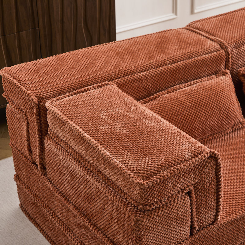 Matelas à compression orange, lit de sol convertible avec coussins ronds en polaire de haute qualité à assembler soi-même, idéal pour la décoration intérieure.