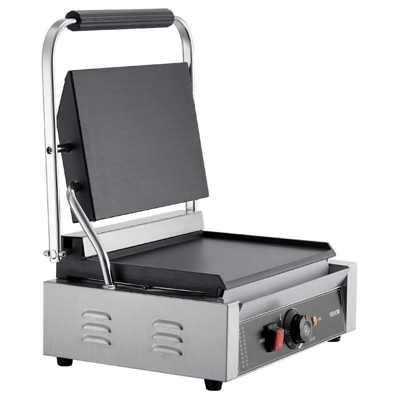Machine à panini commerciale, machine à panini électrique de 1800 W, machine à presser les sandwichs en acier inoxydable avec poignée et contrôle de la température, plaque émaillée plate de 13,5 x 9,3 po, pour hamburger de bacon