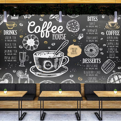 Modern Coffee House Chalkboard Menu Wall Mural, Black Cafe Kitchen Restaurant Geometric Sketch Wallpaper For Dining Room Coffee Shop Decor