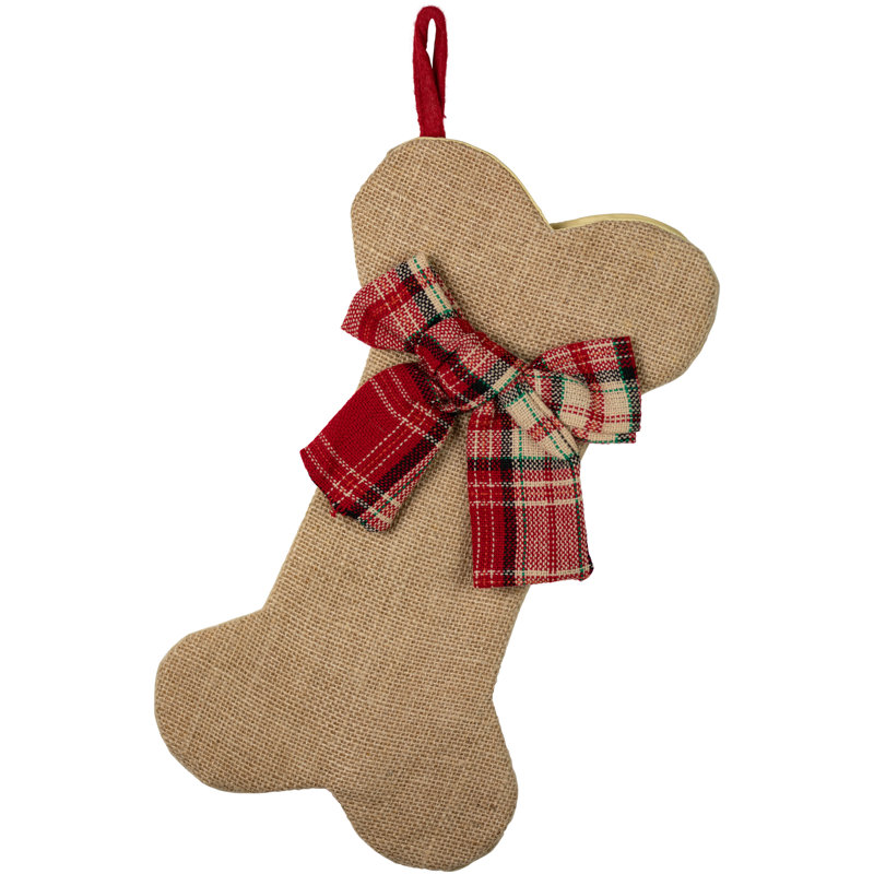 Chaussette de Noël 14 po en os de chien brun avec nœud écossais rouge