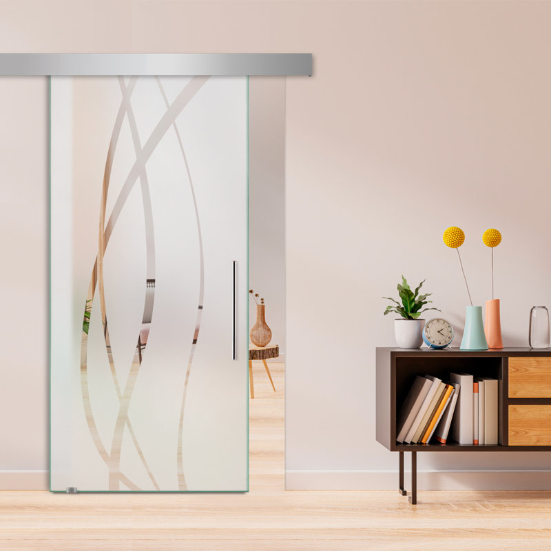 Porte de grange coulissante en verre sans cadre avec design moderne givré + ensemble de quincaillerie (semi-privée)
