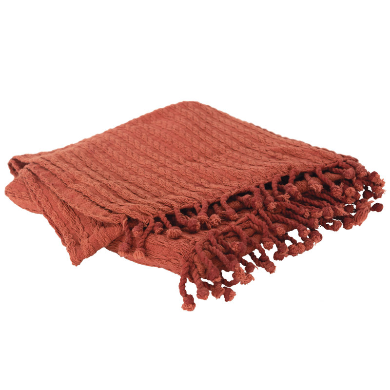 Jeté rayé tricoté 50 po x 60 po en coton orange brûlé avec pampilles