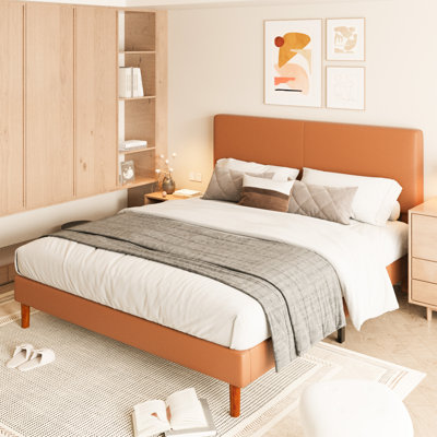 Base de lit plateforme grand format avec tête de lit réglable, lit tapissier en similicuir avec lattes de bois, sommier robuste, aucun sommier requis, silencieux, assemblage facile, brun clair