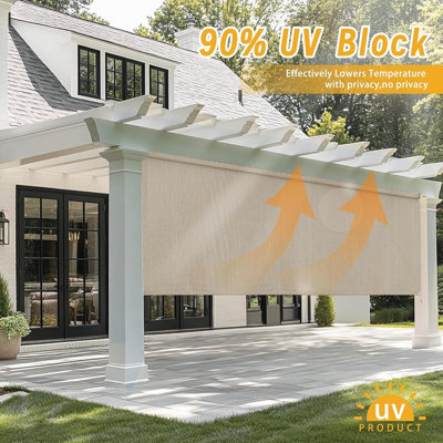 Store à enroulement extérieur pour patio - Store à enroulement sans cordon avec toile d'ombrage, pergola, porche, pavillon de jardin, protection solaire pour le balcon et la cour arrière, sésame