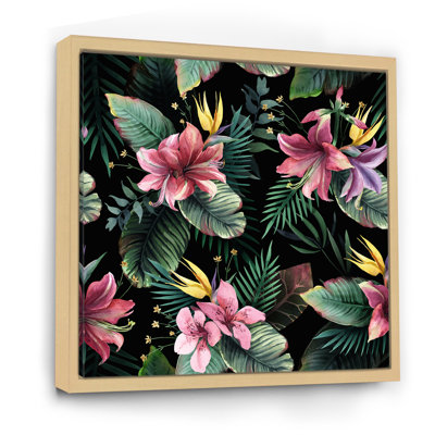Fleurs tropicales roses sur fond noir - Décoration murale traditionnelle en bois