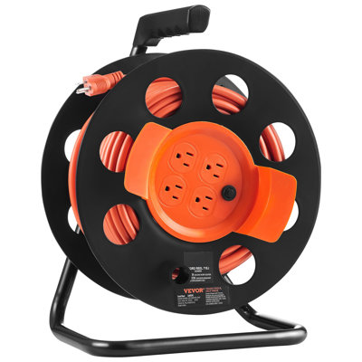 Extension Cord Reel, 100FT, with 4 Outlets and Dust Cover, Heavy Duty 12AWG SJTOW Power Cord, Manual Cord Reel with Portable Handle Circuit Breaker, for Toolshed Garage, Tested to UL Standards