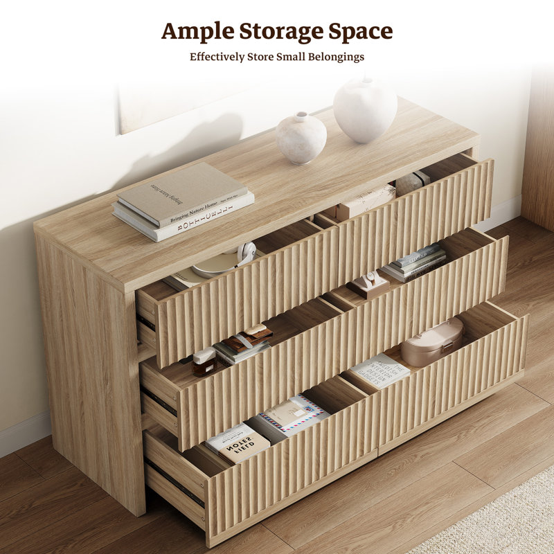 Allete 55.2"W Modern Fluted Panel 6-Drawer Dresser, Sandstone Beige
