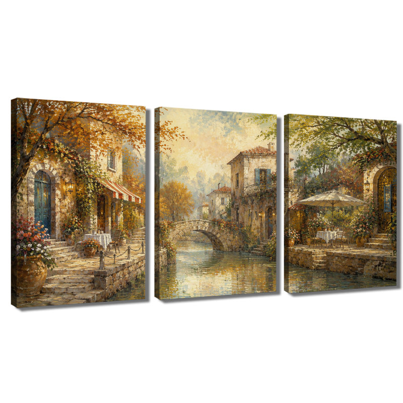 Tableau en trois panneaux représentant un paysage de canal dans une ville européenne vintage, imprimé sur toile tendue