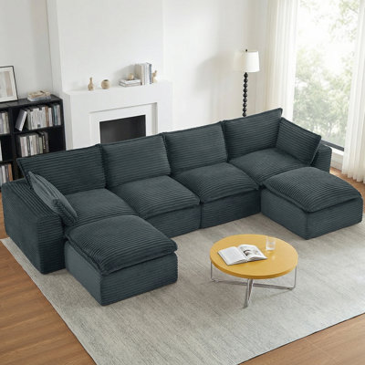 140.5" Corduroy Sectional Boneless Sofa 6 Seat Oversized Modular Deep Seat Cloud Couch With Movable Ottomans & Pillows, No Assembly Required by Mercer41