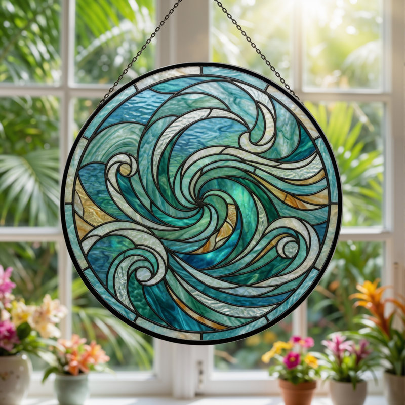Panneau de vitrail Swirling Waves ， 7,8H, 7.8"H