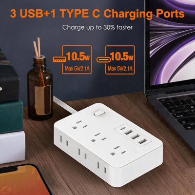 10-In-1 Surge Protector Power Strip With 6AC Outlets,4USB (1 Type-C Ports) | 5FT Compact Multi-Plug Outlet Extender With Flat Plug Design, Space-Saving Extension Cord For Home, Office, And Kitchen | Overload Protection, Power Strip Surge Protector