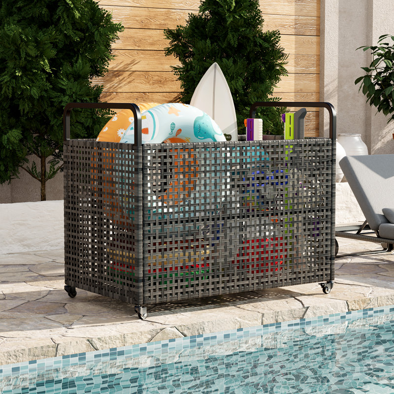 Bac de rangement flottant robuste pour piscine extérieure - Grand chariot roulant en maille avec roues et main courante - Roulettes verrouillables - Style PE rotin - Banc de rangement de patio pour piscine - Taille: 115 x 61 x 91 cm, gris creux