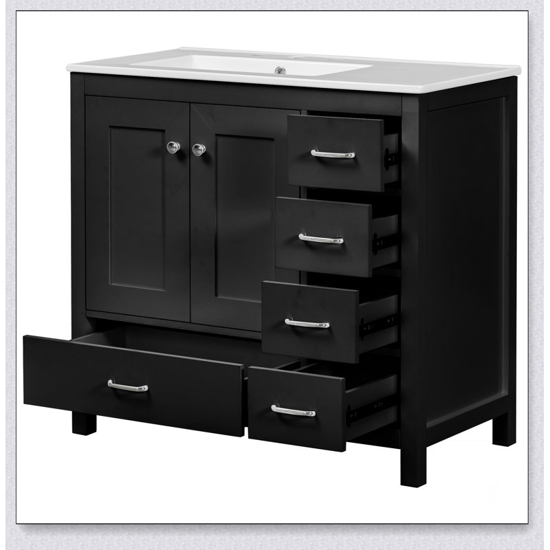 Ensemble de meuble-lavabo noir 36 po avec lavabo en céramique 36 po - 2 portes à fermeture douce et 5 tiroirs
