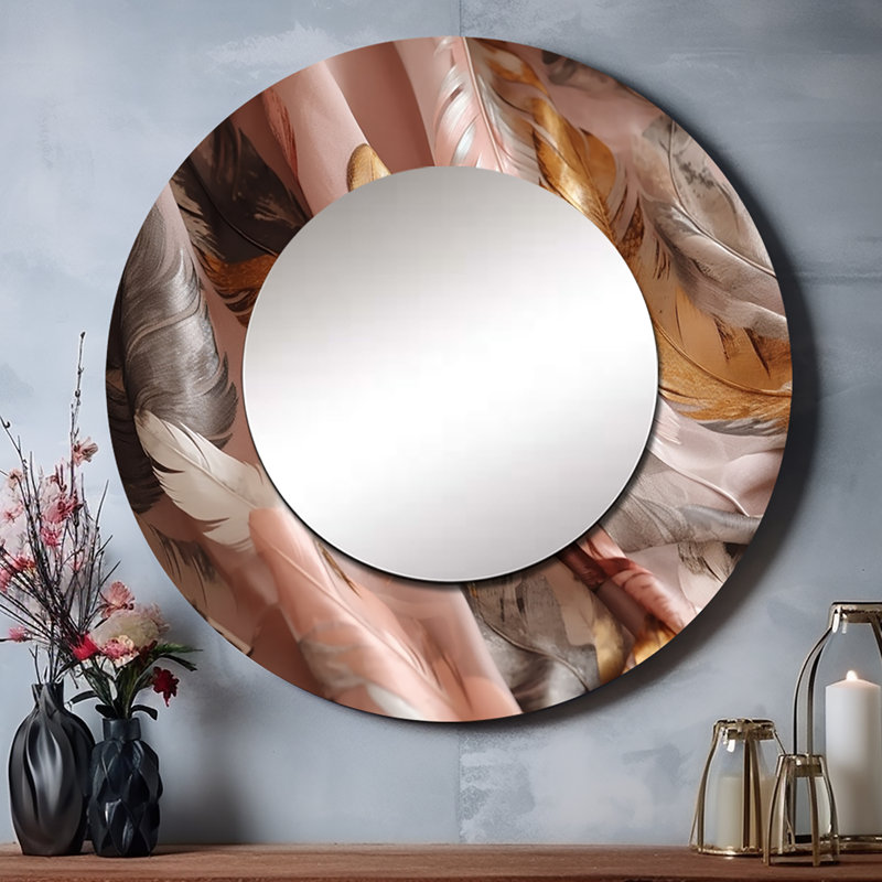 Onecimo Gold Glamorous Feathers Of Boho Fantasy II - Glam Feather Decorative Mirror, Modern Round Wall Mirror, Printed Metal Art