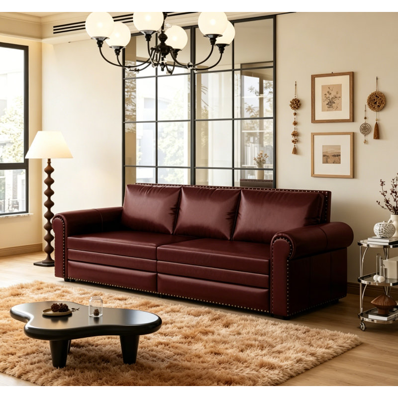 Chesterfield King Pull Out Sofa Bed, 3-In-1 Faux Leather Convertible Sleeper With Nailhead Trim & Rolled Arm, Multi-Functional And Stylish