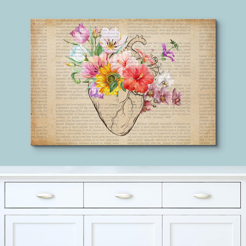 Papier peint rétro, fleurs pastel, cœur, art médical moderne, art floral, H 16 po x l 24 po