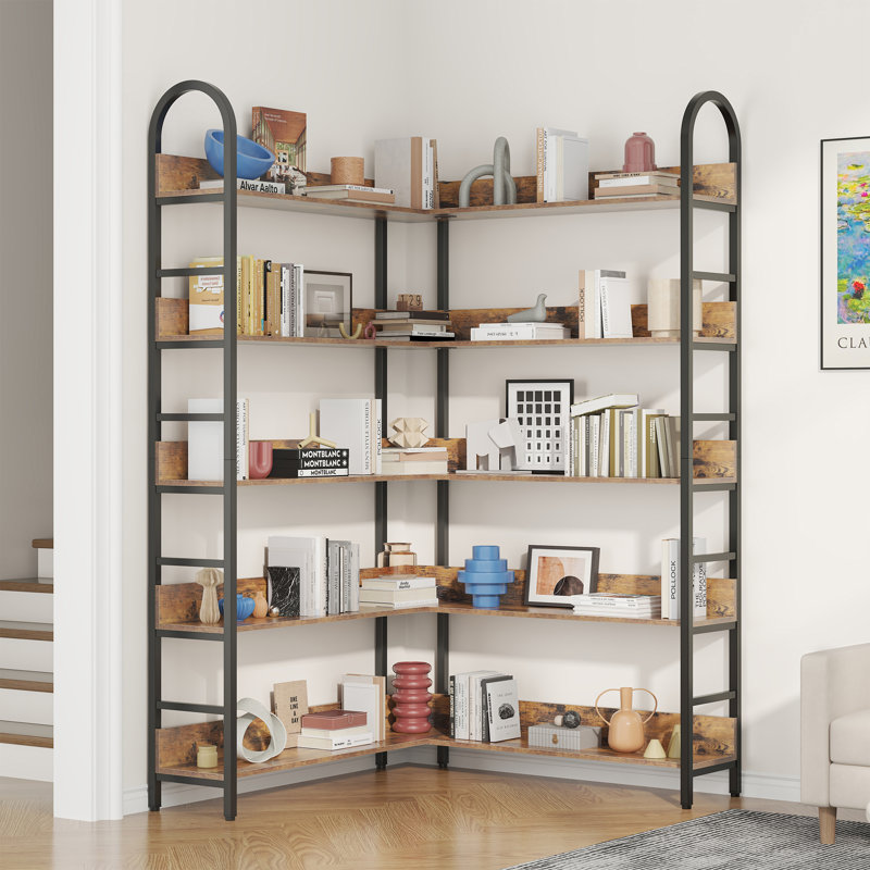 5 Tiers Tall Corner Bookshelf,reversible Corner Bookshelf, 73" Industrial Wooden Bookcase With Open Shelves And Metal Frame For Living Room
