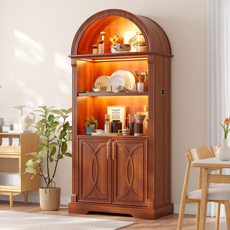 French Vintage Arched Display Cabinet with LED Lighting, Open Shelving and Cupboard Storage, Brown