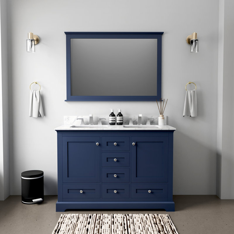 Dukes 48 in. W x 22 in. D Double Bath Vanity, Navy Blue, White Carrara Marble