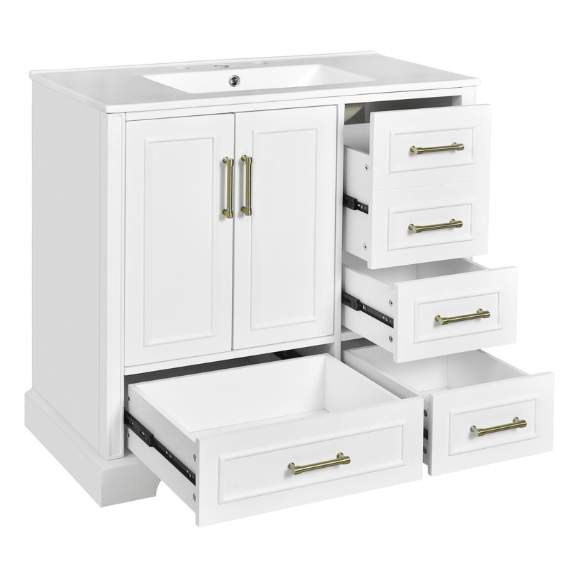 Meuble-lavabo traditionnel 36 po avec lavabo en céramique et grand rangement, Blanc, Doré