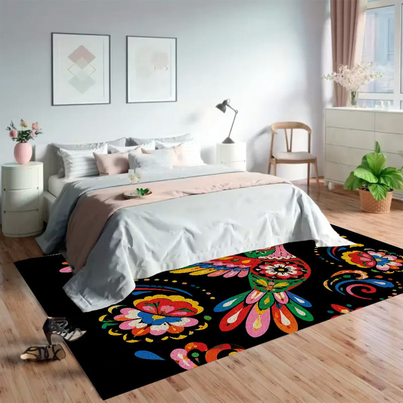 Tapis d'intérieur en velours doux et moelleux, motif colibri et cœur, inspiré de l'art populaire mexicain, idéal pour le salon ou la chambre. Antidérapant et lavable, il offre un décor intérieur moderne et minimaliste. Dimensions : 100 x 160 cm.
