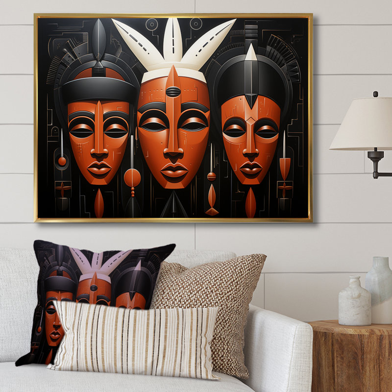 Masque africain noir et orange Kuba, Cadre flottant doré, H 34 po x l 44 po x P 1,5 po