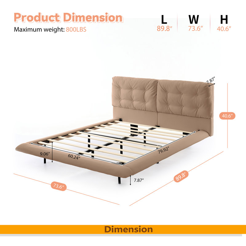 Structure de lit flottante rembourrée avec lumières DEL, lit plateforme en cuir Pu avec tête de lit capitonnée, assemblage facile, aucun sommier tapissier requis