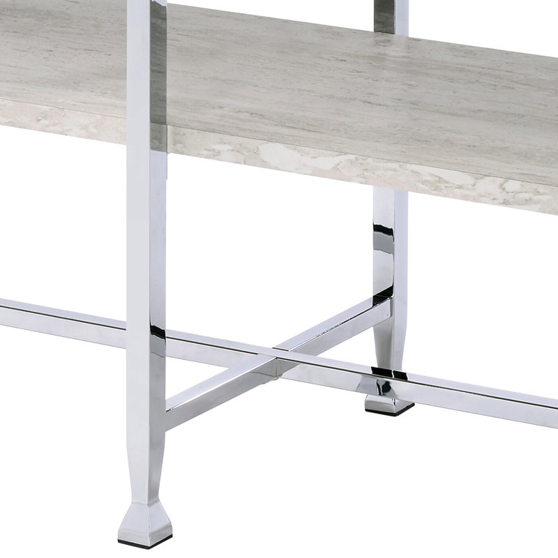 Table demi-lune en chêne blanc, démontable, compartiment de rangement ouvert avec tablette fixe, plateau en placage papier et plomb, structure tubulaire métallique en forme de X, largeur 122 cm, hauteur 76 cm, profondeur 41 cm, capacité de charge 32 kg.