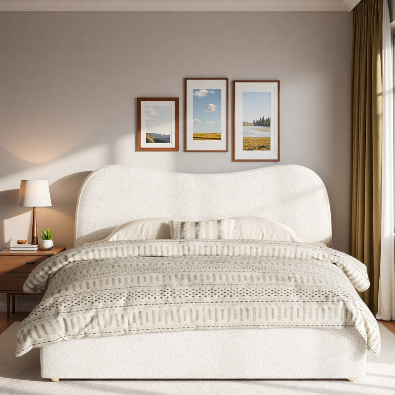 Lit plateforme tapissier avec tête de lit légèrement incurvée et lattes en bois, White, Queen
