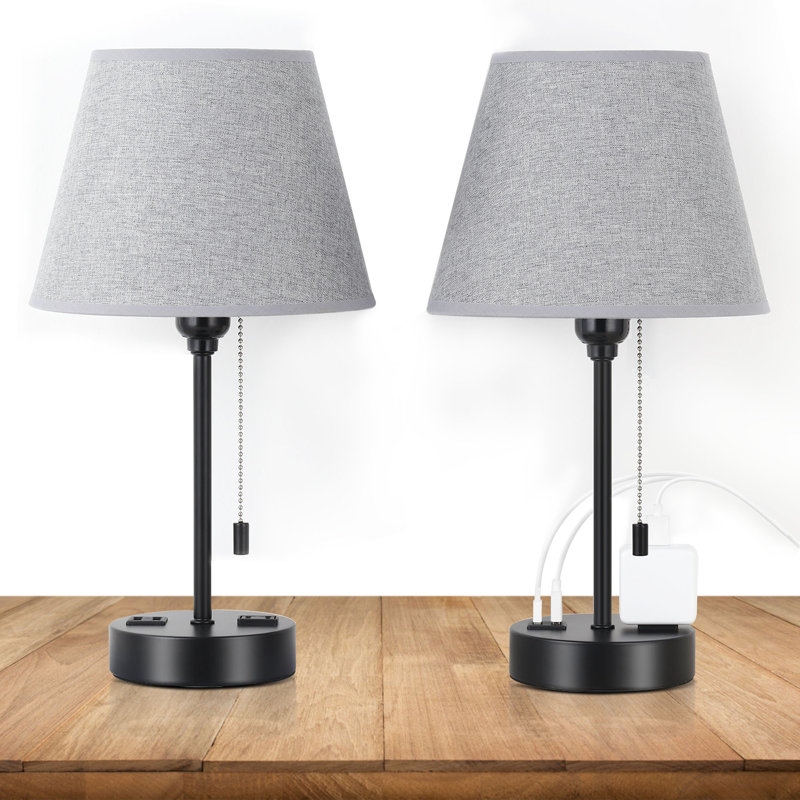 Grey Table Lamp with Charging Stake Zip Switch 2 Piece Set