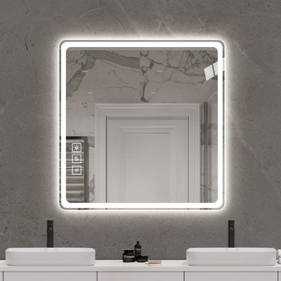 Miroir de salle de bain brouillard 36 po x 36 po avec DEL - fixation murale, à intensité variable pour meuble-lavabo 5 mm, cuivre - brouillard argent, abat-jour amélioré