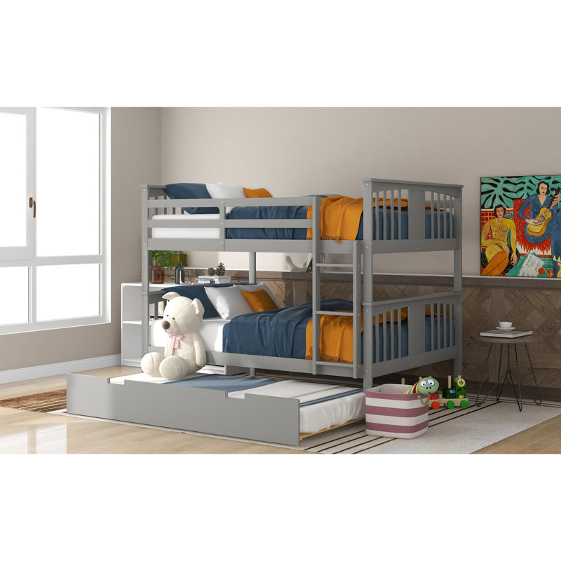 Lit double superposé en gris avec lit gigogne simple, fonctionnel pour les soirées pyjamas, construction solide, caractéristiques, L 79,6 po x l 56,5 po, H 62,9 po, pieds en pin, structure, protection supérieure de la barrière de sécurité