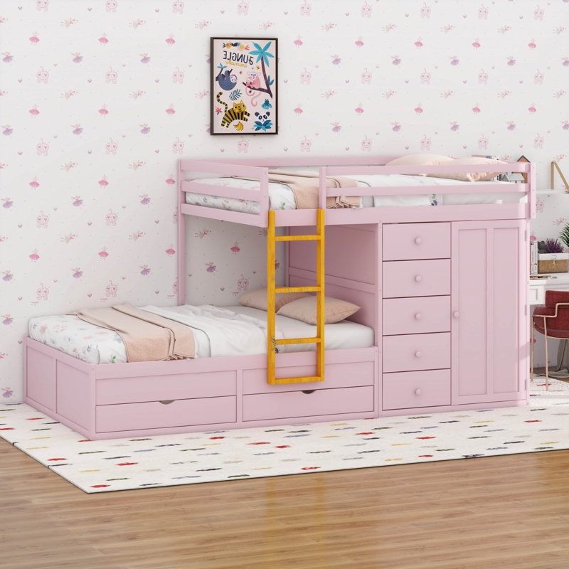 Lit superposé double avec tiroirs de rangement et garde-robe, structure de lit superposé en bois avec échelle, Rose Sakura