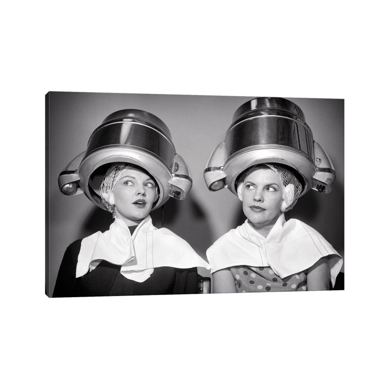 " 1950s Two Women Sitting Under Beauty Salon Hair Dryers Wearing Hairnets Towels Talking Gossip ", 12" H x 18" W x 1.5" D