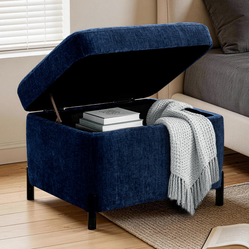 23.6" W Chenille Upholstered Flip Top Storage Ottoman, Dark Blue