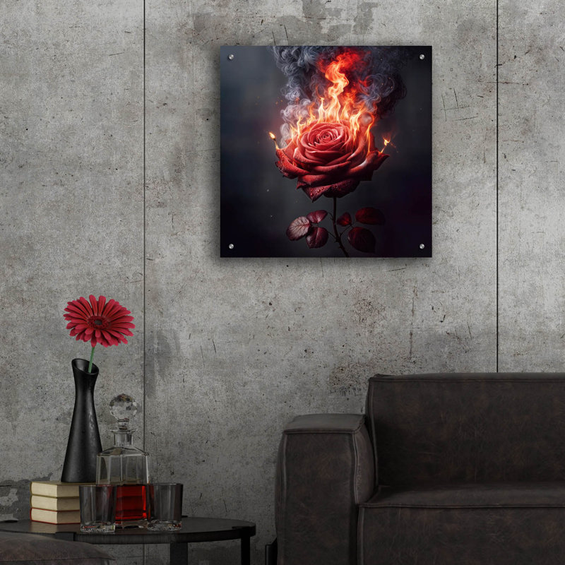 «Red Rose On Fire 1» par Rey Klimt, art mural en verre acrylique, H 24 po x l 24 po x P 0,2 po