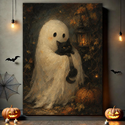 Ghost Hugging Black Cat With Antique Lantern And Autumn Maple Leaves Halloween Canvas Wall Art