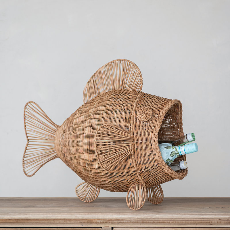 Hand-Woven Rattan & Metal Fish Container