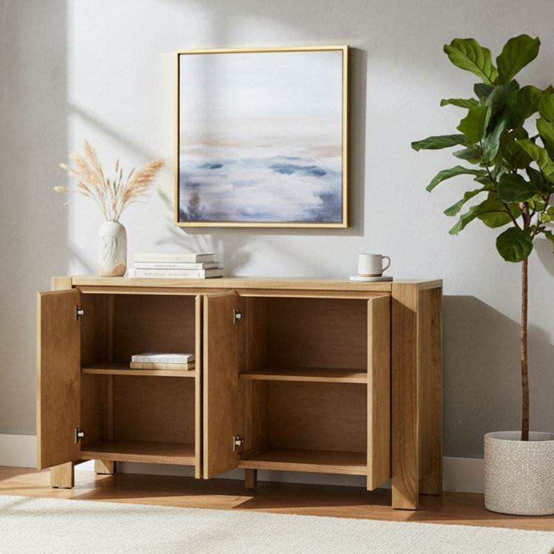 59.03" Buffet Cabinet with Storage, 4-Door Retro Wood Sideboard with Distressed Finish and Adjustable Shelves for Dining Room, Kitchen