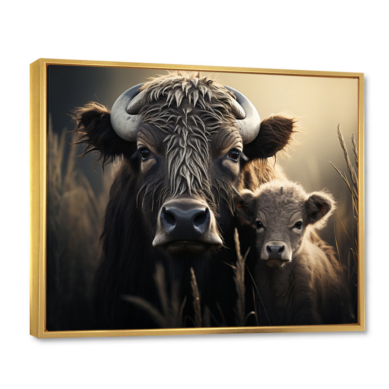 Brown Buffalo Gentle Guardians - Animals Canvas Art Print, Cadre flottant doré, H 24 po x l 32 po x P 1 po