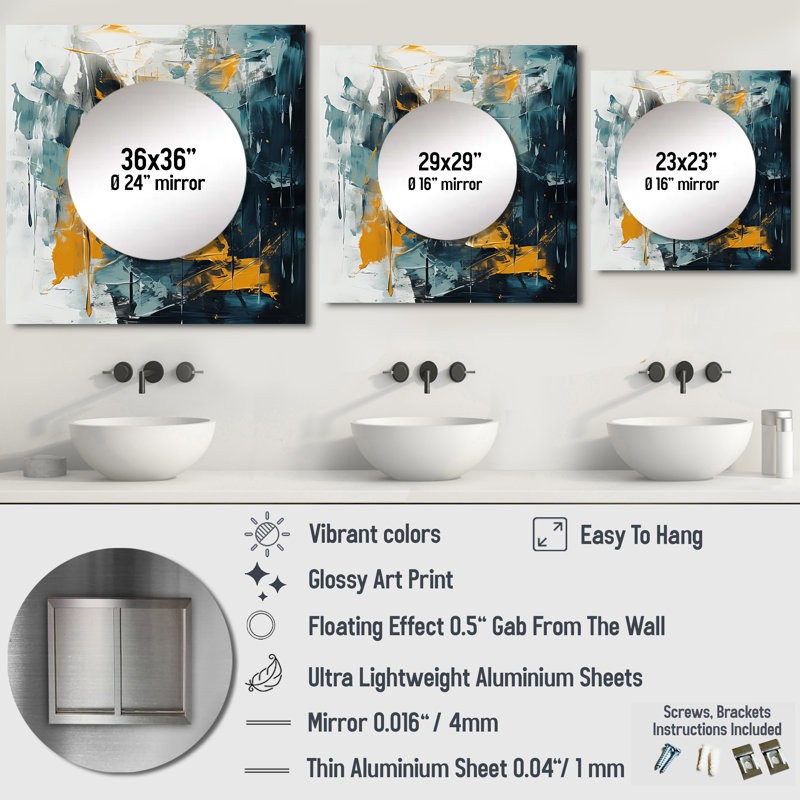 «Bliss Of Happiness In Yellow And Blue III - Abstract Collages Square Mirror Wall Art for Bathroom, 23 po x 23 po