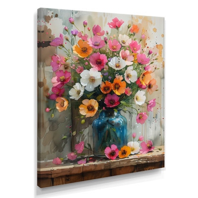 Pink White Buttercup Bouquet In Vase I - Buttercups Wall Art Living Room