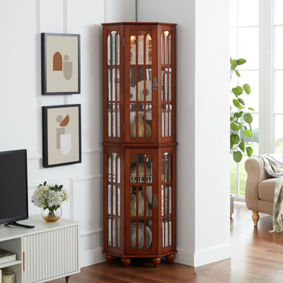 70"D Corner Curio Cabinet With Adjustable Shelves And Lighting System, Glass 4 Tempered
