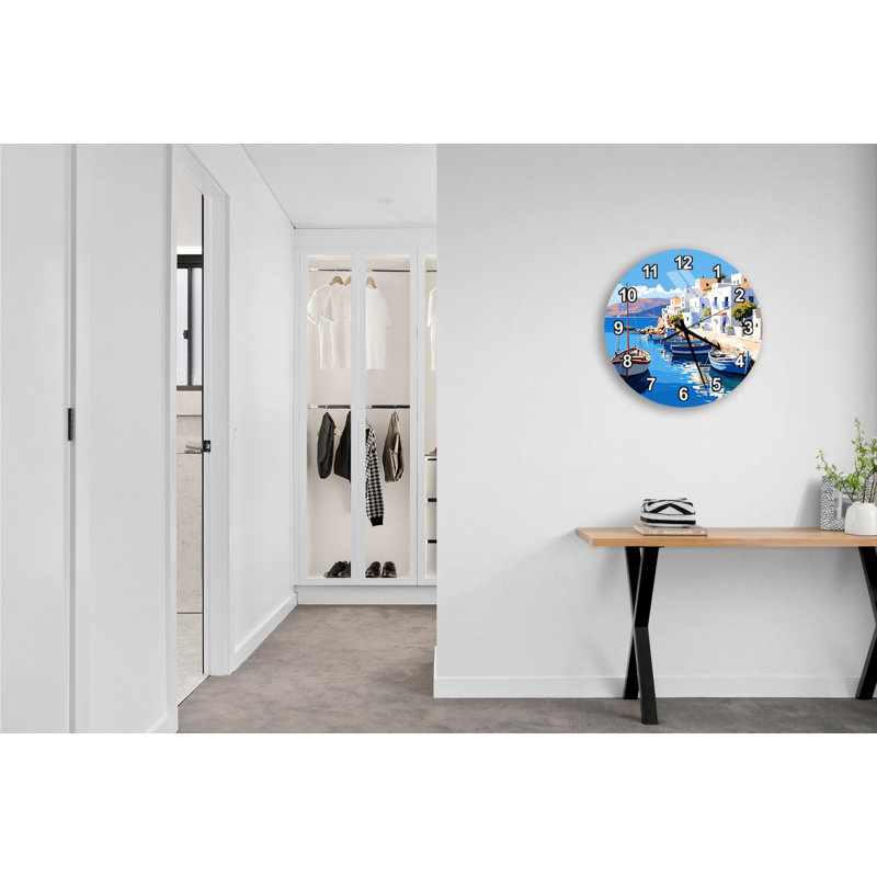 Horloge murale en verre trempé Coastal Town, bateau, décoration de plage bleue, horloge moderne, décoration murale, 20 pouces