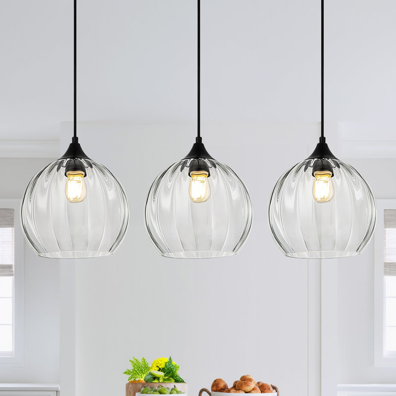 3-Light Single Glass Pendant Light Globe Adjustable Height for Kitchen Island Dining Room, Clear, Matte Black, 3 Pack